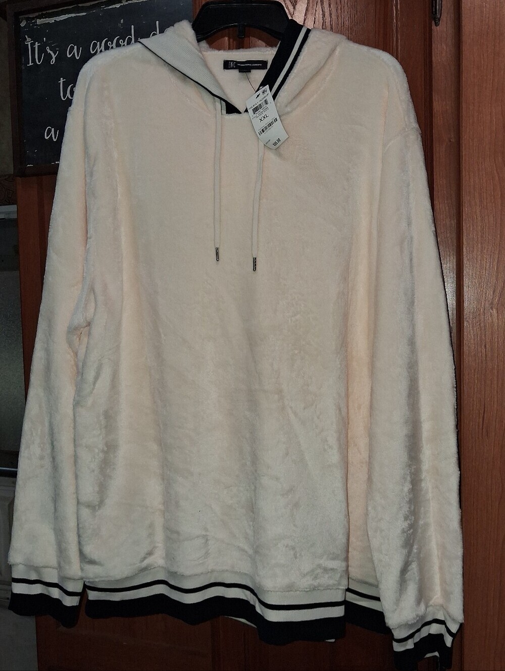 INC Cream Plush Hoodie Sweater with Black-Trim In A Mens 2XL Polyester NWT